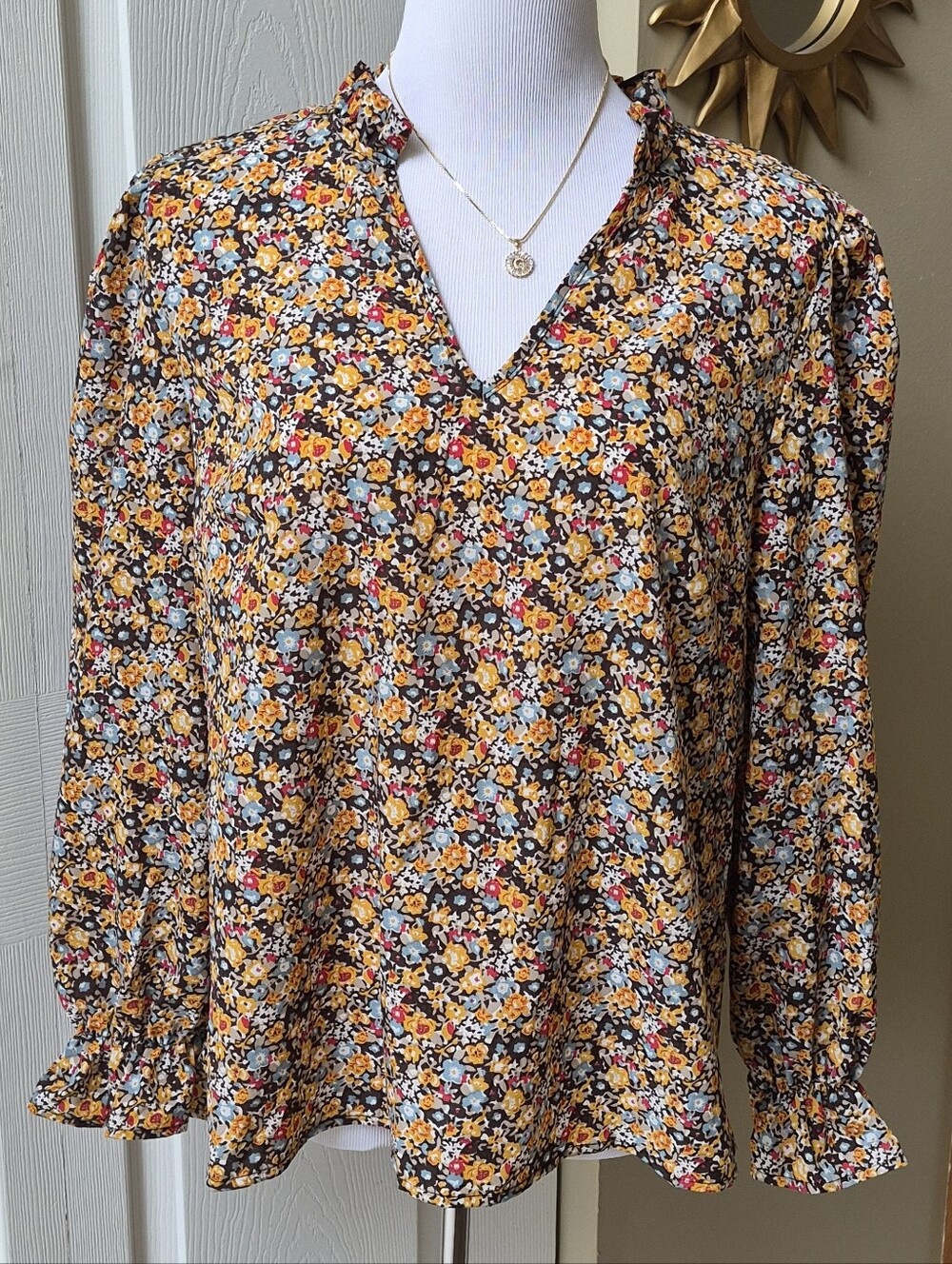 SHEIN Yellow Floral V-Neck Long Sleeve Blouse